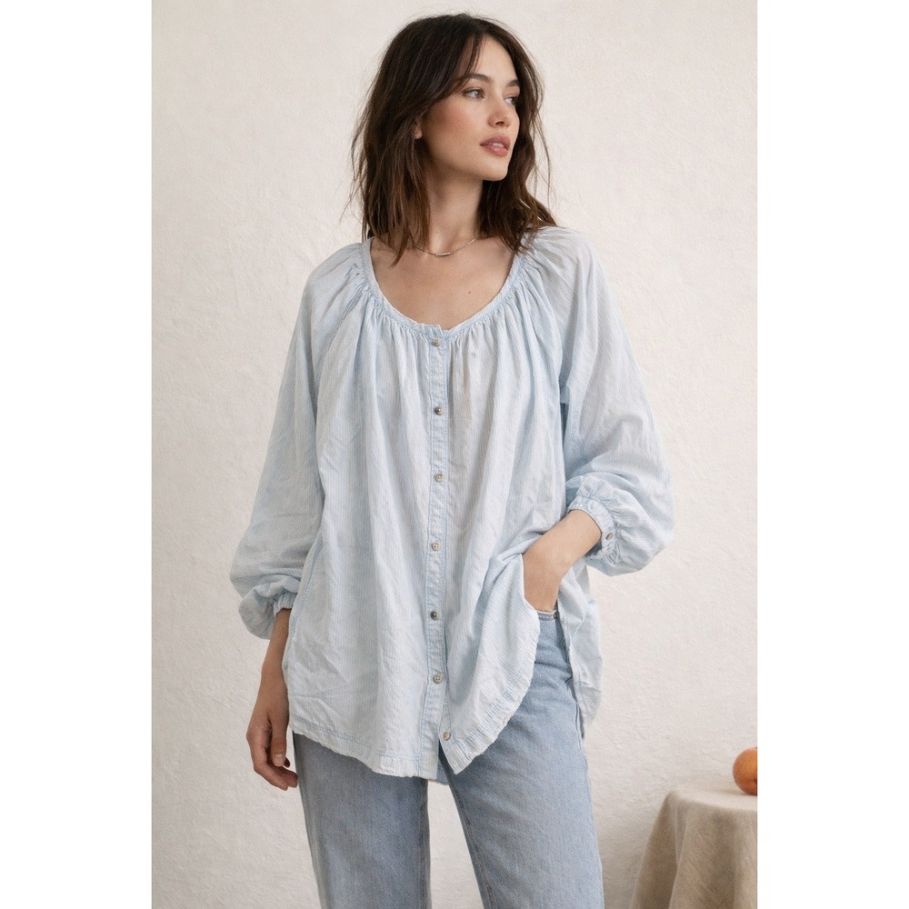 We The Free Peasant Top Blue Pinstripe Oversized XS-XL Cotton Flowy Bohemian